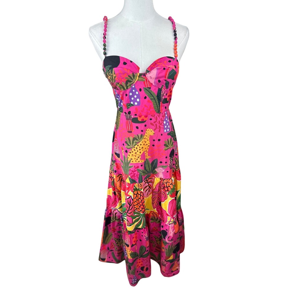 Farm Rio SZ XS Leopards Pop Tropical Jungle Maxi Dress Pink Multi Tiered Beaded - Picture 4 of 16